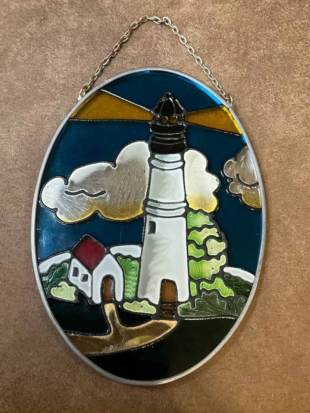Small Oval Stained Glass Lighthouse Hanging